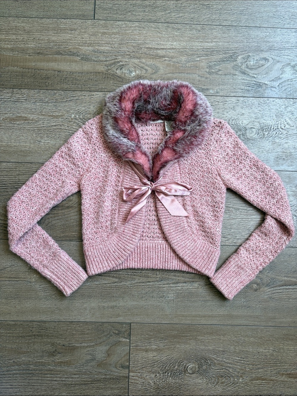 Pandemonium Pink Knit Cardigan Crop Sweater Ribbon Tie Closure w Faux Fur Collar